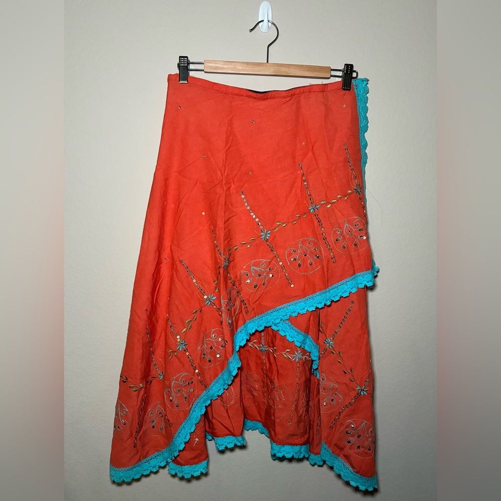 More & More Ethnic One Size 100% Viscose Orange/Blue India Wrap Around Skirt